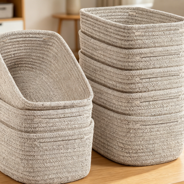 8-Piece Woven Rope Storage Basket Set – Bathroom & Closet Organizer