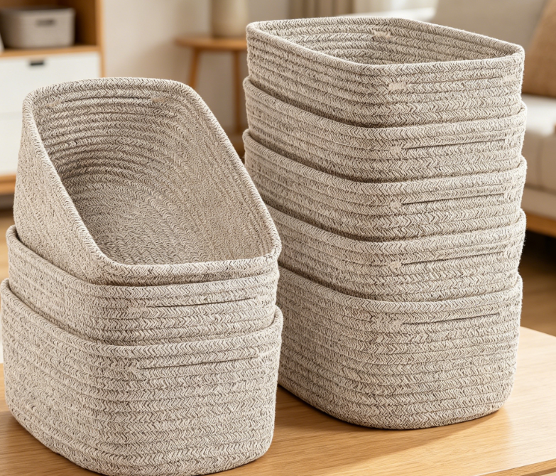 8-Piece Woven Rope Storage Basket Set – Bathroom & Closet Organizer