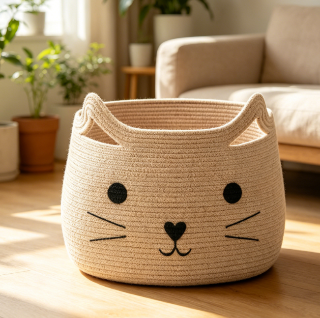 Cat-Patterned Cotton Rope Storage Basket – Large Laundry & Toy Bin - Image 2