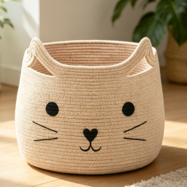 Cat-Patterned Cotton Rope Storage Basket – Large Laundry & Toy Bin
