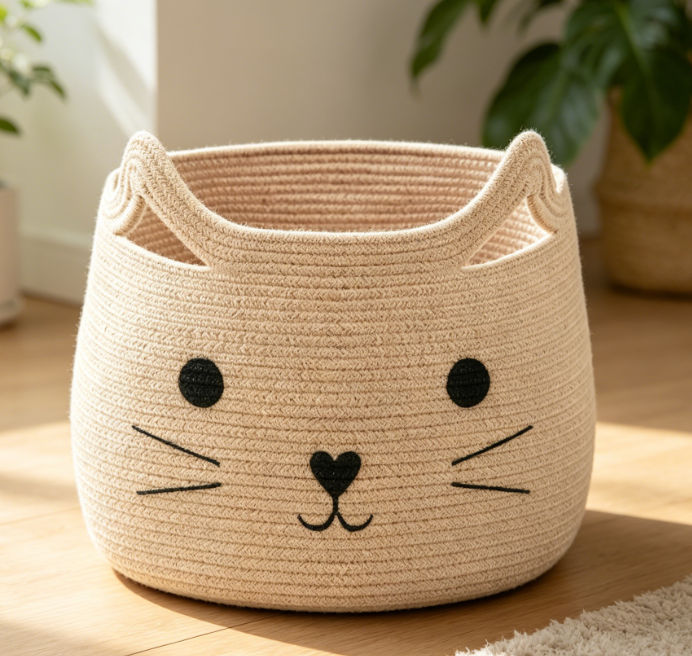 Cat-Patterned Cotton Rope Storage Basket – Large Laundry & Toy Bin