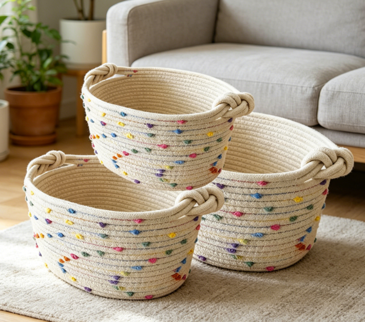 3-Piece Small Woven Basket Set – Rainbow Pattern – Toy Storage - Image 2