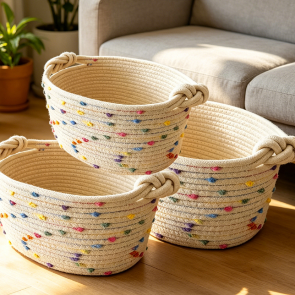 3-Piece Small Woven Basket Set – Rainbow Pattern – Toy Storage