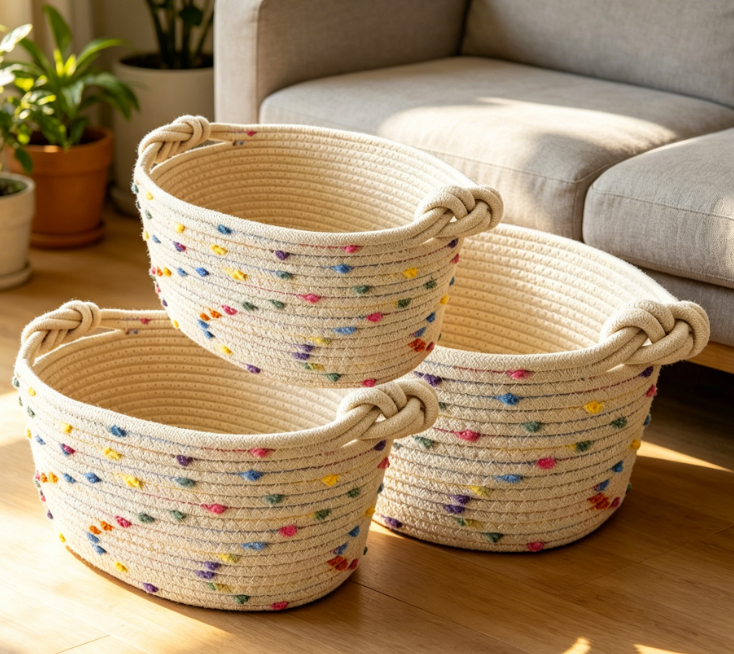 3-Piece Small Woven Basket Set – Rainbow Pattern – Toy Storage
