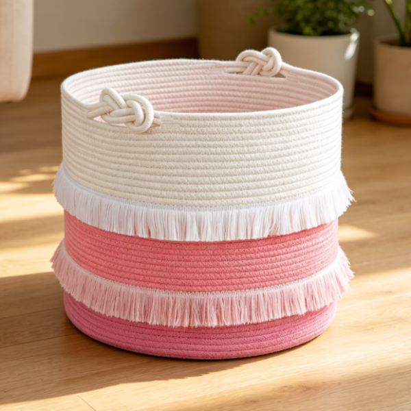 Pink Tassel Woven Basket – Girls' Toy & Blanket Storage