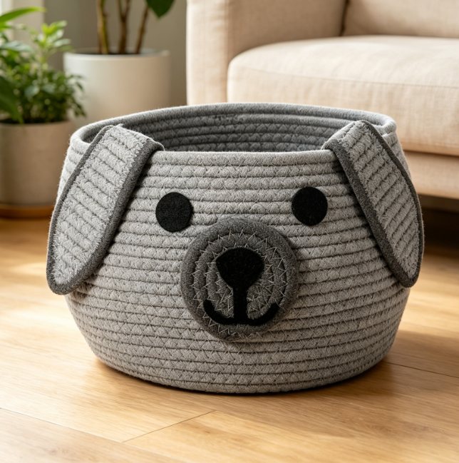 Dog-Shaped Woven Storage Basket – Gray – Toy & Laundry Bin - Image 2
