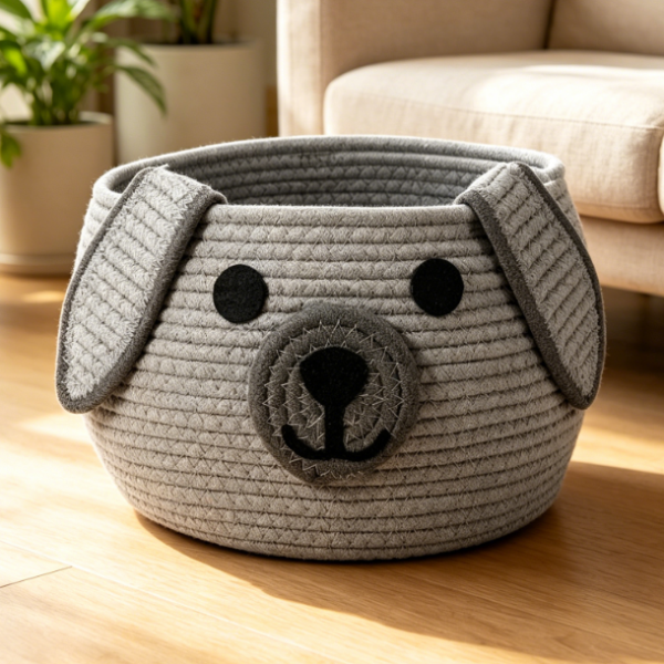 Dog-Shaped Woven Storage Basket – Gray – Toy & Laundry Bin
