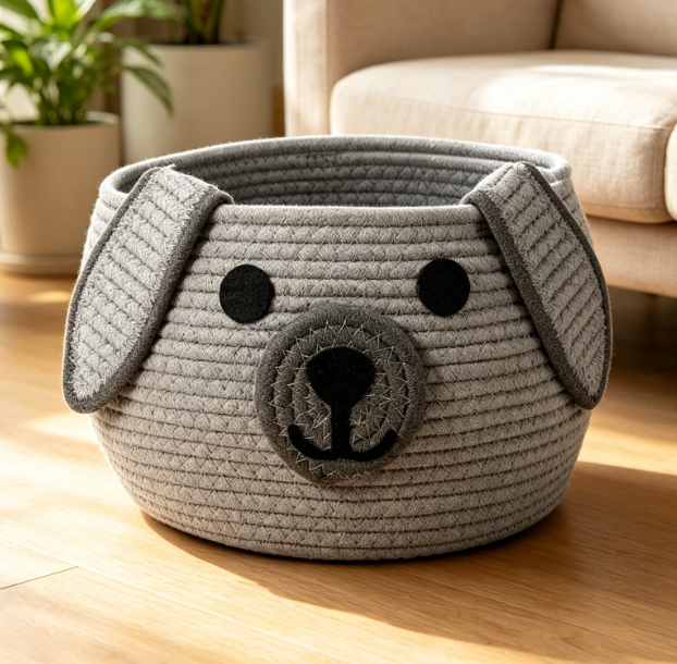 Dog-Shaped Woven Storage Basket – Gray – Toy & Laundry Bin