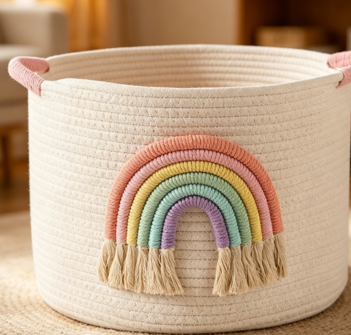 Rainbow-Decorated Woven Basket with Handles – Girls' Toy & Blanket Storage - Image 2