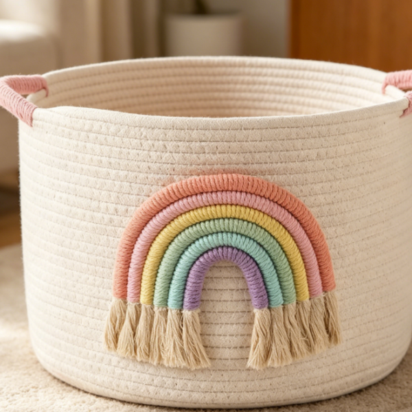 Rainbow-Decorated Woven Basket with Handles – Girls' Toy & Blanket Storage