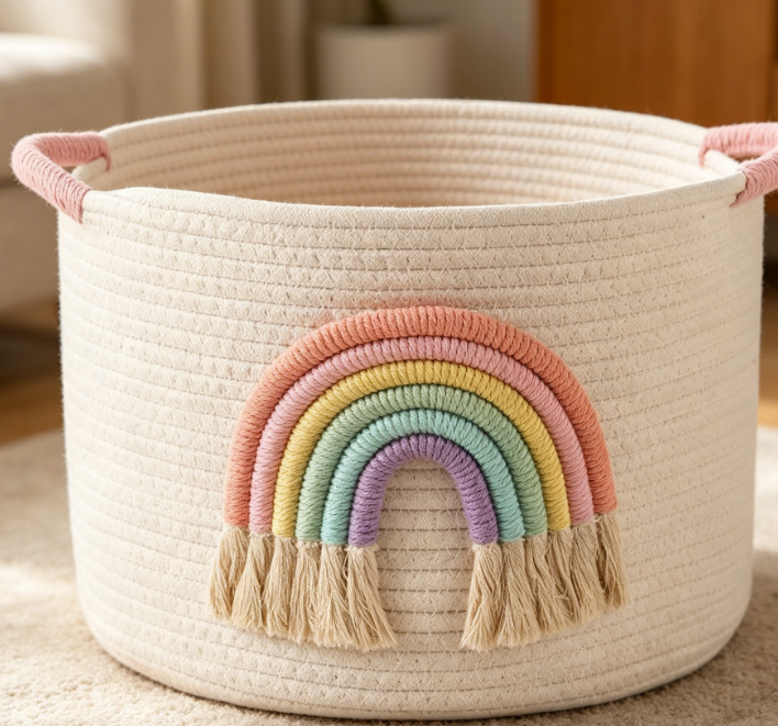 Rainbow-Decorated Woven Basket with Handles – Girls' Toy & Blanket Storage