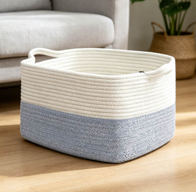 Cotton Rope Woven Basket with Handles – Shelf & Toy Storage - Image 2
