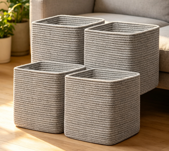 4-Piece Rope Woven Storage Bin Set – Gray – For Shelves - Image 2