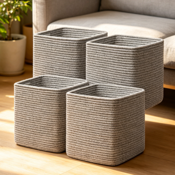 4-Piece Rope Woven Storage Bin Set – Gray – For Shelves