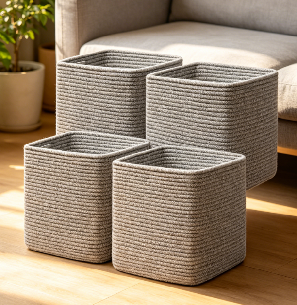 4-Piece Rope Woven Storage Bin Set – Gray – For Shelves