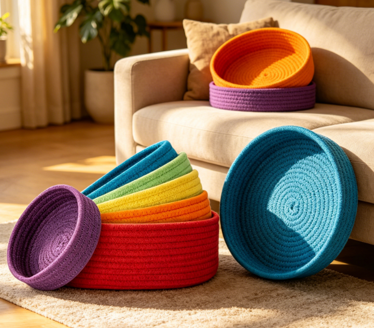 6-Piece Round Woven Basket Set – Rainbow Colors – Key Tray & Storage - Image 2