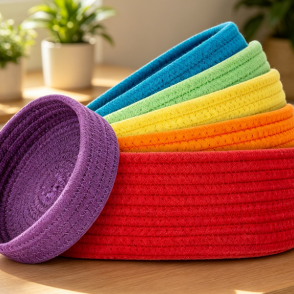 6-Piece Round Woven Basket Set – Rainbow Colors – Key Tray & Storage