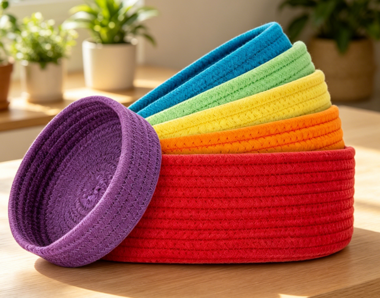 6-Piece Round Woven Basket Set – Rainbow Colors – Key Tray & Storage