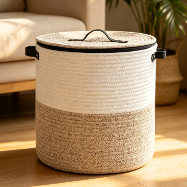 Woven Storage Basket with Lid & Zipper – Round Bin for Toys & Blankets