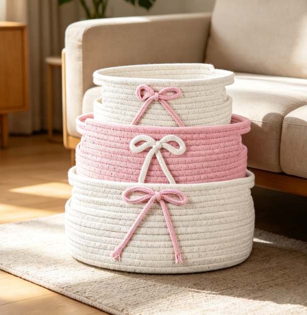 Pink Bow Woven Basket — Laundry & Toy Storage - Image 2