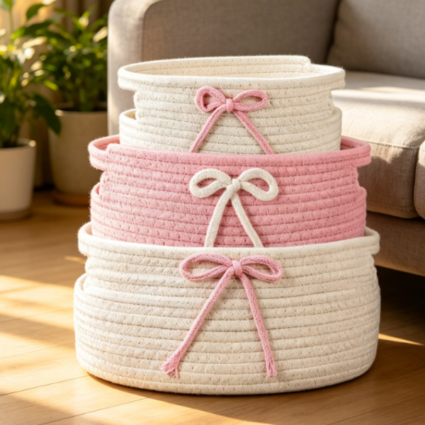 Pink Bow Woven Basket — Laundry & Toy Storage