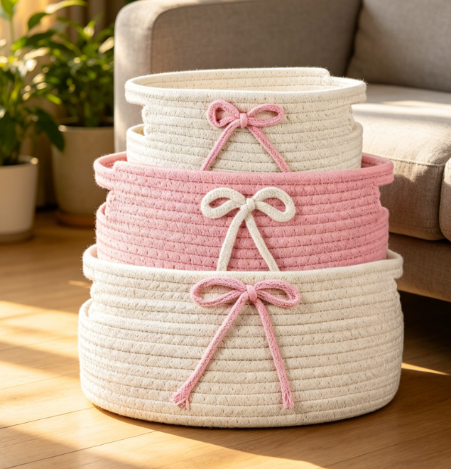 Pink Bow Woven Basket — Laundry & Toy Storage