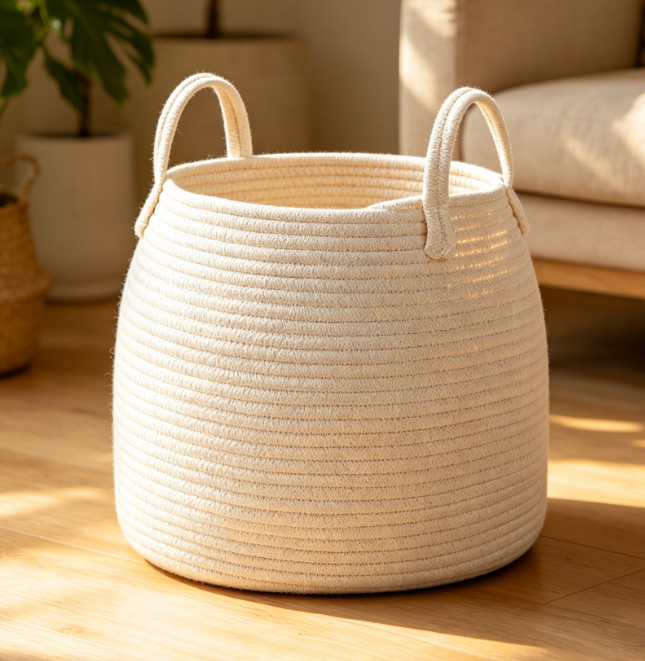 White Woven Laundry Basket — Blanket & Toy Storage - Image 2