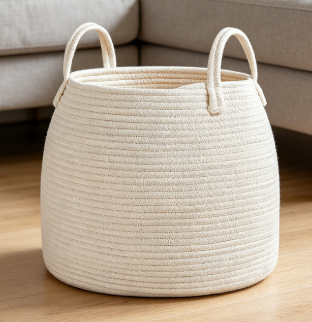 White Woven Laundry Basket — Blanket & Toy Storage
