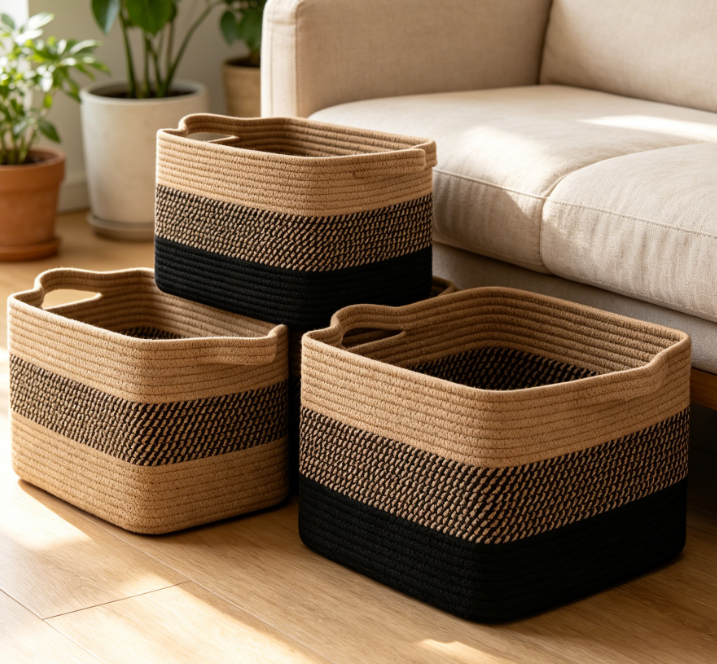 3-Piece Rectangular Woven Storage Basket Set – Black & Brown Color Scheme - Image 2