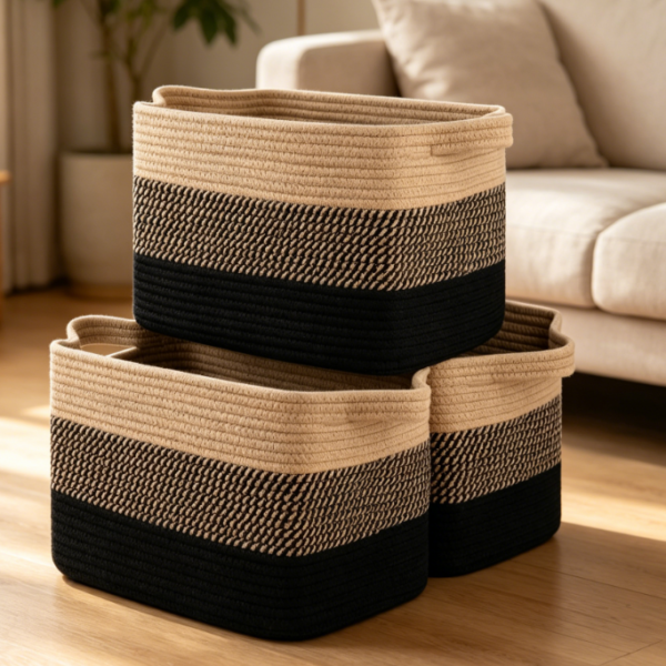 3-Piece Rectangular Woven Storage Basket Set – Black & Brown Color Scheme