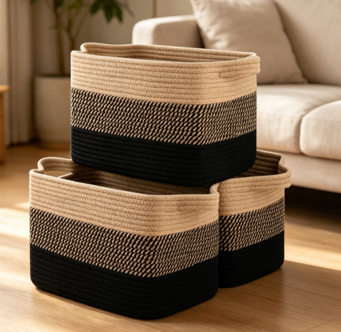 3-Piece Rectangular Woven Storage Basket Set – Black & Brown Color Scheme