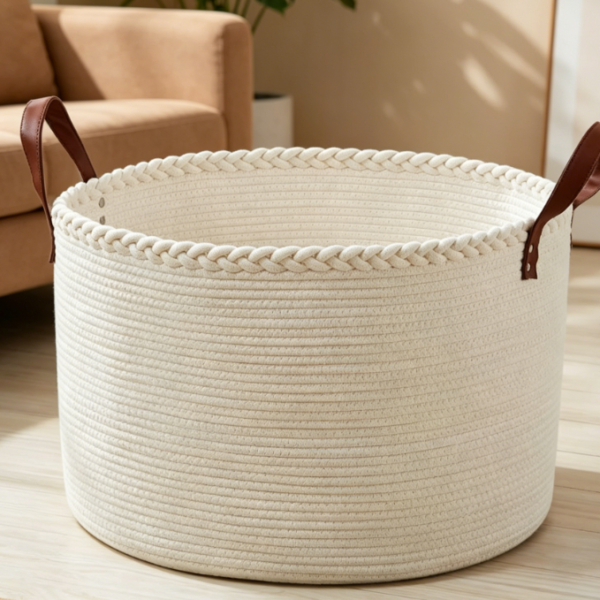 Extra-Large Round Laundry Basket with Leather Handles — Cream