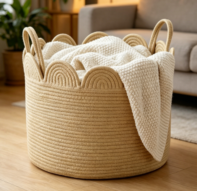 Scalloped-Edge Rope Woven Basket – Round Blanket Storage Bin - Image 2