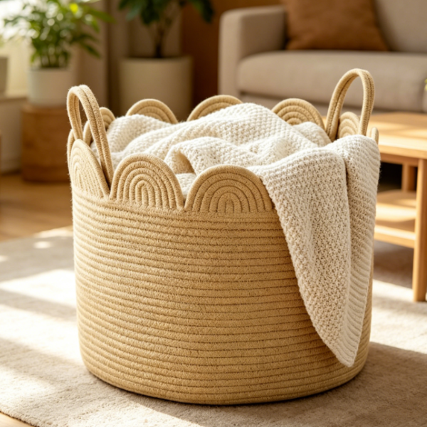 Scalloped-Edge Rope Woven Basket – Round Blanket Storage Bin