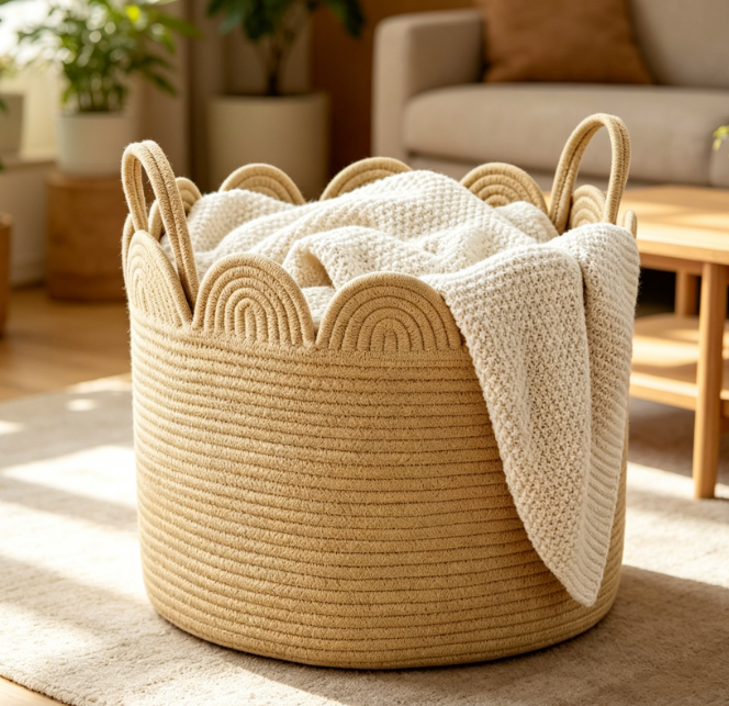 Scalloped-Edge Rope Woven Basket – Round Blanket Storage Bin