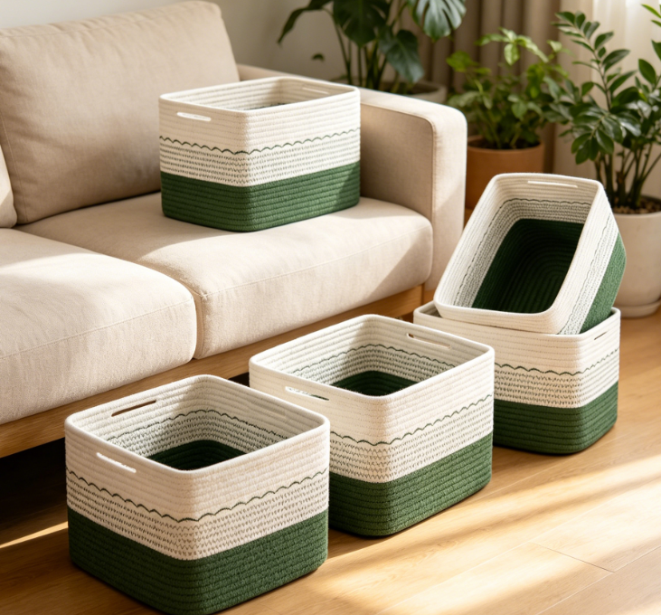 4-Piece Woven Basket Set – Green & White Color Scheme – Toy & Book Storage - Image 2