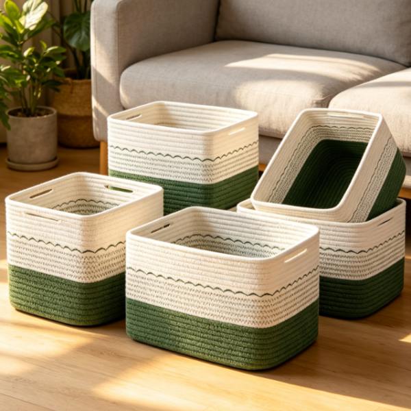 4-Piece Woven Basket Set – Green & White Color Scheme – Toy & Book Storage