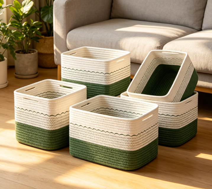 4-Piece Woven Basket Set – Green & White Color Scheme – Toy & Book Storage