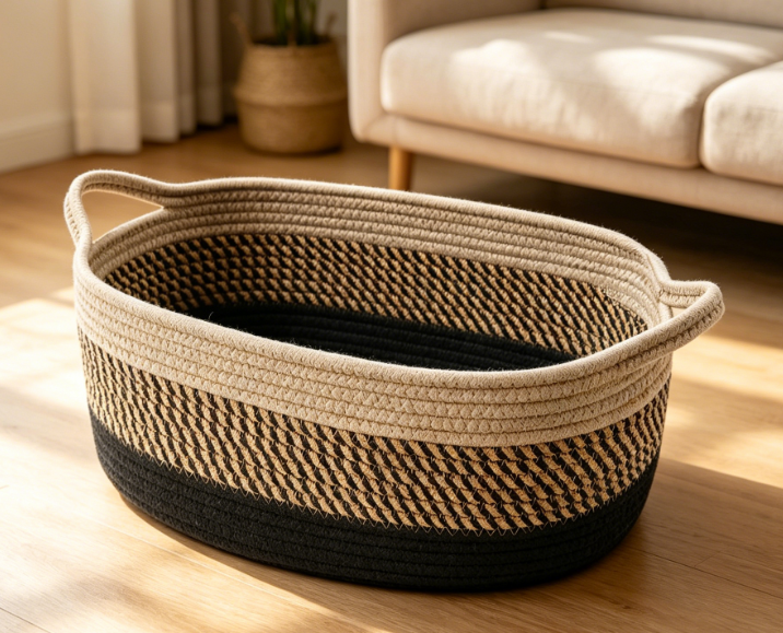 Small Woven Basket with Handles – Light Beige – Toy Storage - Image 2