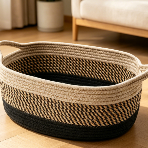 Small Woven Basket with Handles – Light Beige – Toy Storage