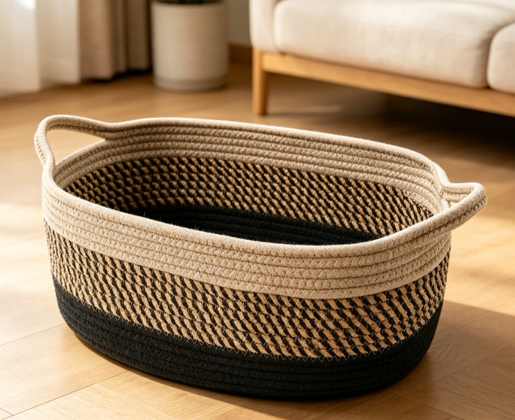 Small Woven Basket with Handles – Light Beige – Toy Storage
