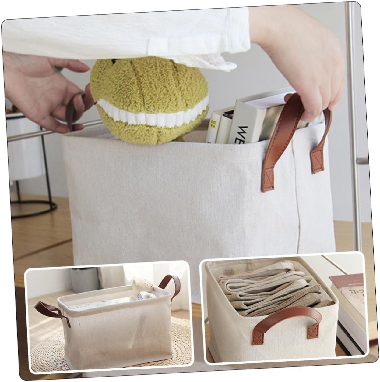 White Cotton-Linen Storage Basket For High-Capacity Organization Of Clothes And Toys - Image 2