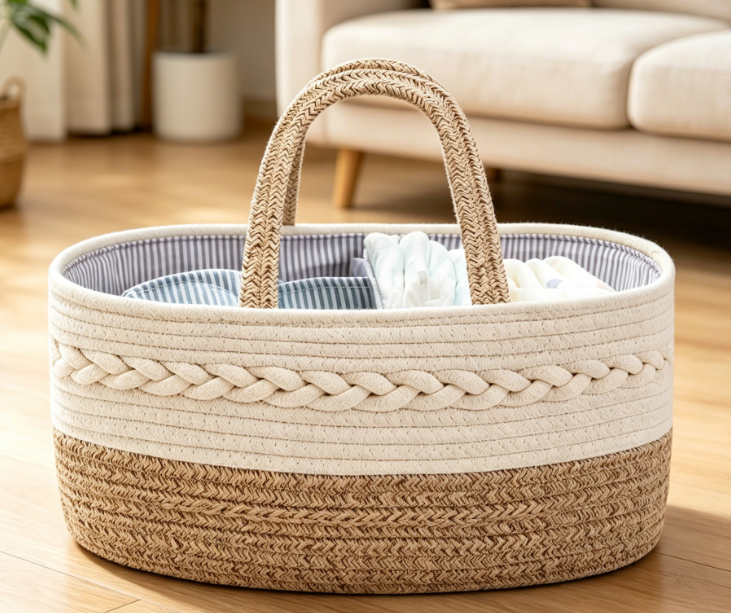 Portable Woven Storage Basket with Dividers – Car Organizer