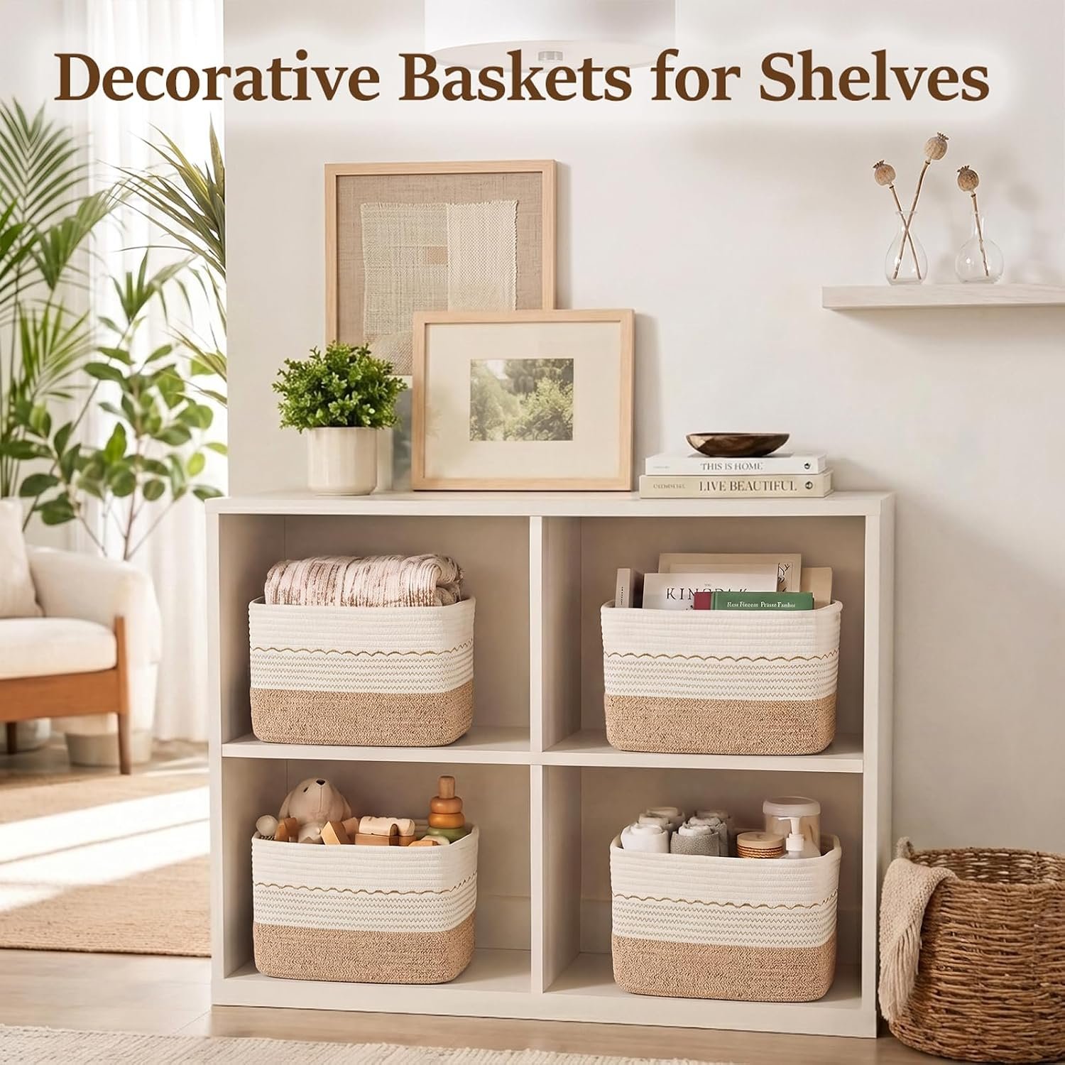 Cotton Rope Storage Basket Set (4-Piece); Small Decorative Woven Baskets - Image 2