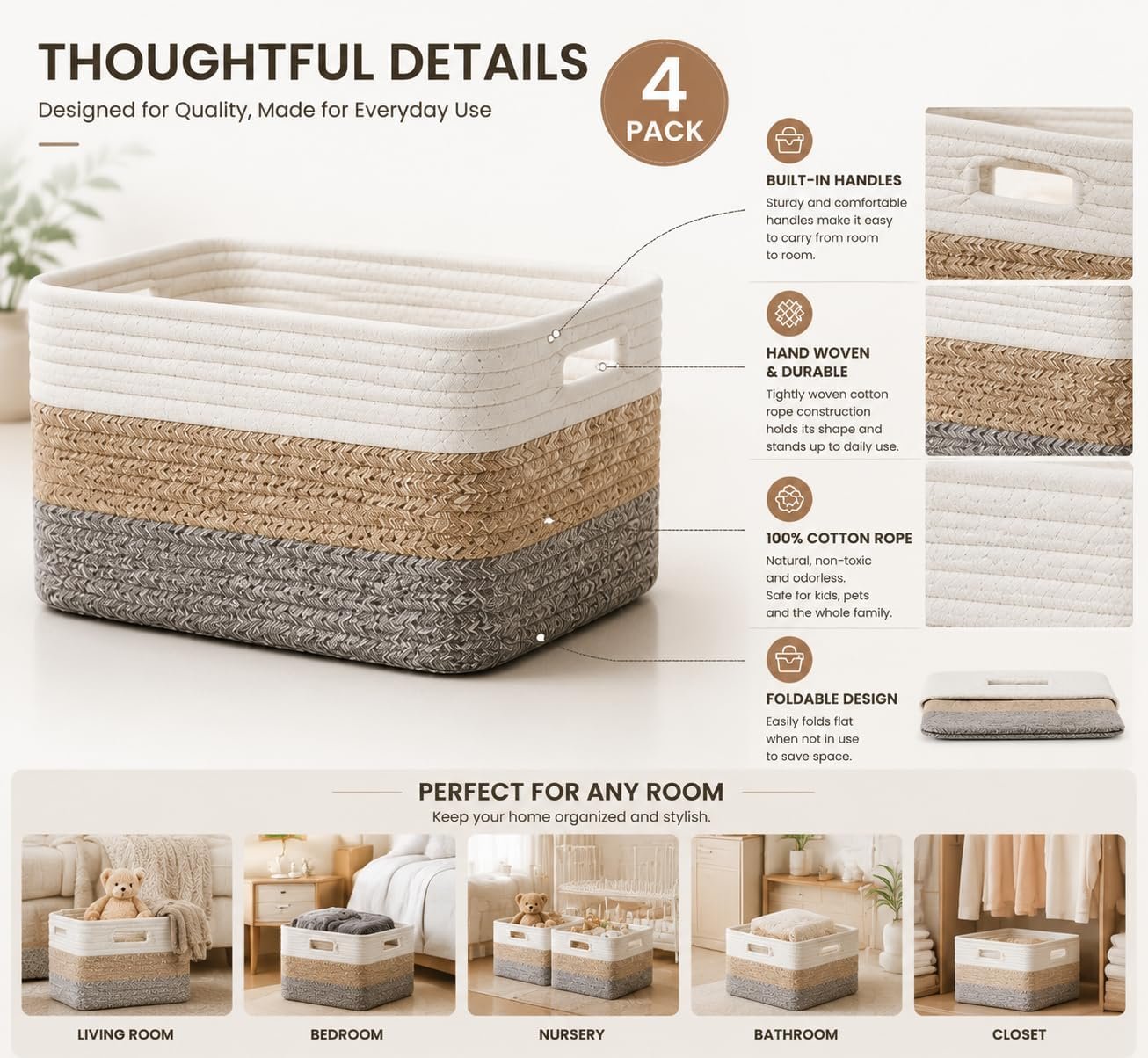 Hand-Woven Cotton Rope Storage Basket Set (4-Piece) For Home Organization - Image 2