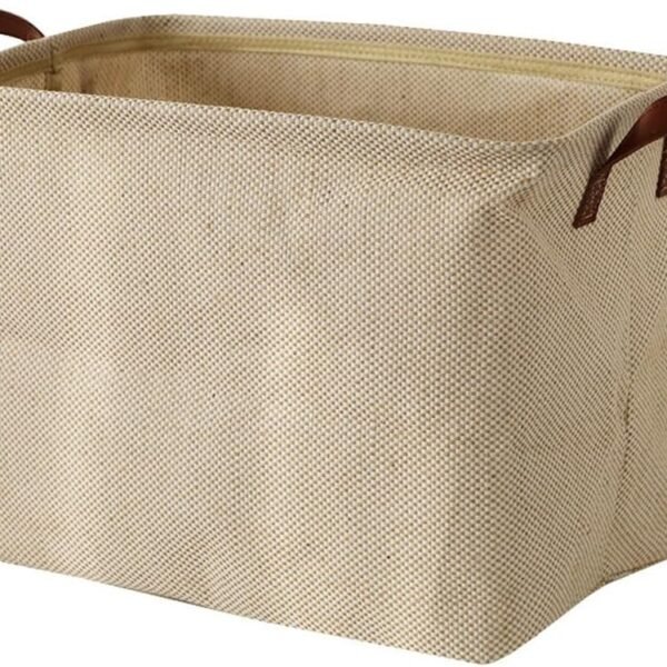 Woven Cotton-Linen Storage Bin With Waterproof Lining And Pu Handles