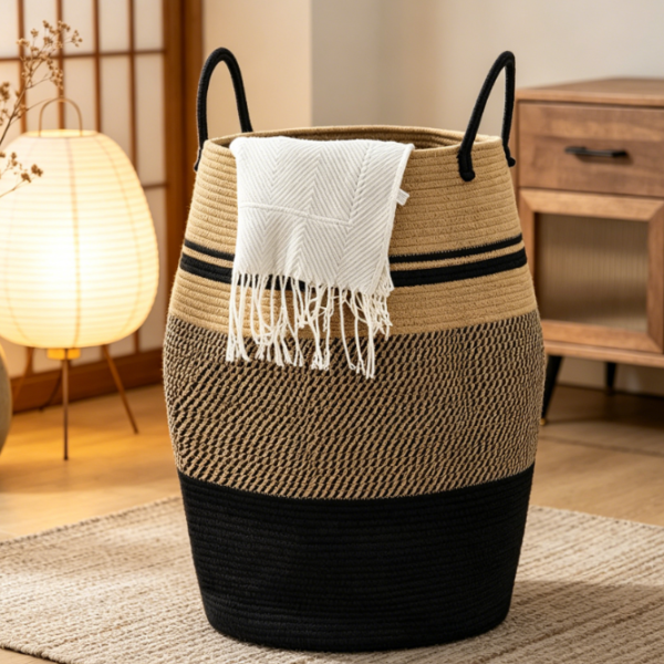 Jute Rope Woven Laundry Basket – Foldable & High Capacity