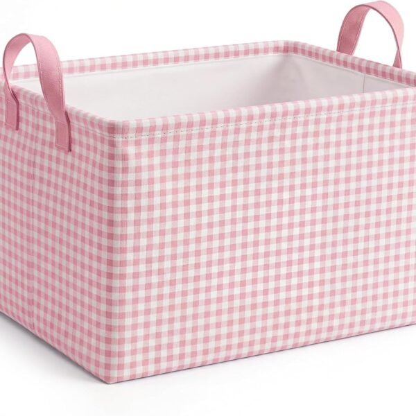 Pink Plaid Storage Basket; Foldable With Handles