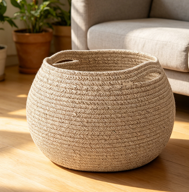 Round Wicker-Style Woven Basket – Jute Material – Toy Storage - Image 2