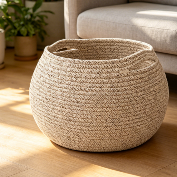 Round Wicker-Style Woven Basket – Jute Material – Toy Storage